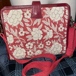Red FABELS handmade cross-body clutch/wallet/book bag canvas with leather clasp